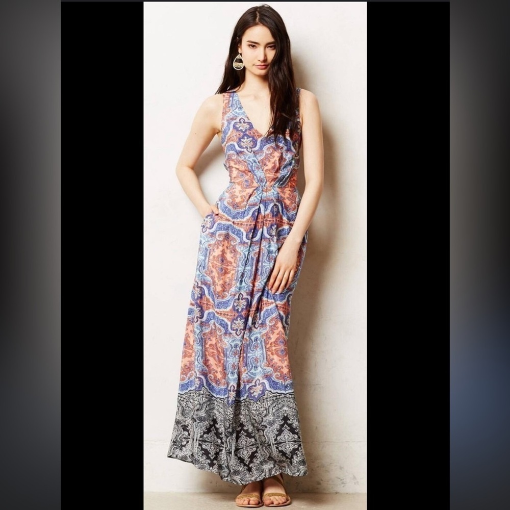 Maeve Anthropologie Silk V Neck Blue & Pink Paisley Maxi Dress Size 4 $178